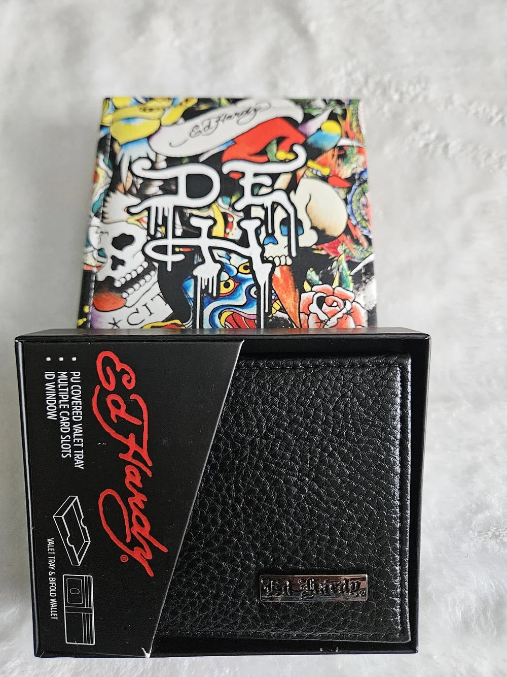 Ed Hardy Black Pebbled Leather Bi-Fold Wallet With Gift Case